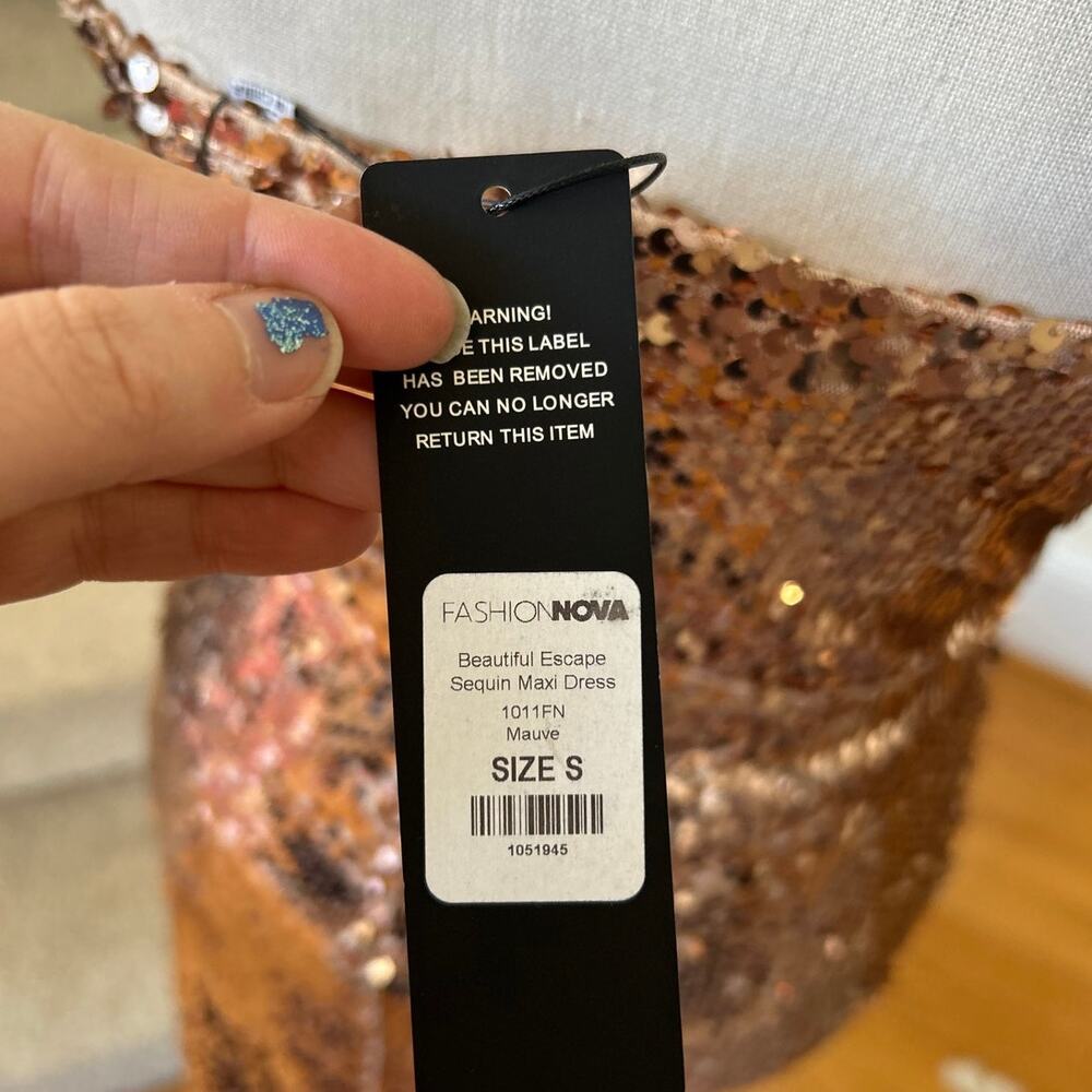 NWT Fashion Nova Rose Gold Beautiful Escape Maxi Sheath Slit Dress - Picture 6 of 7